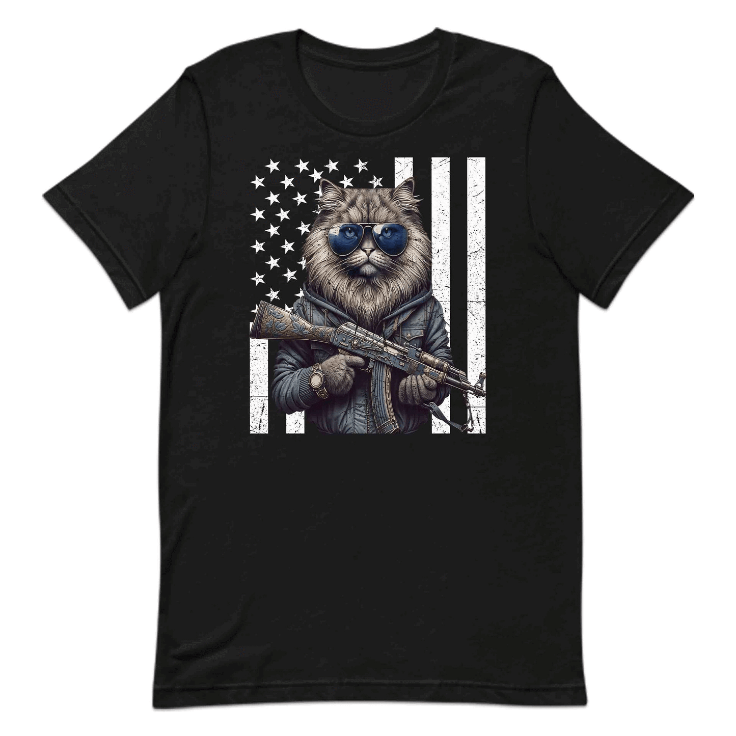Armed Cat With AK-47 & USA Flag Fierce Patriotic Feline | PRODUCT CODE: ACRDMWUSFLGT