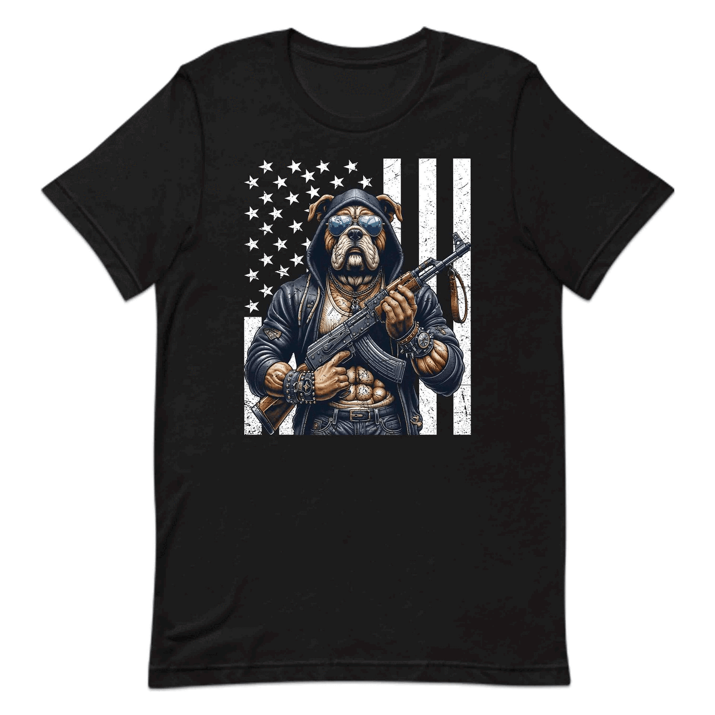 Armed Bulldog With AK-47 & USA Flag Fierce Patriotic Dog | PRODUCT CODE: ARMUJWBAHFG