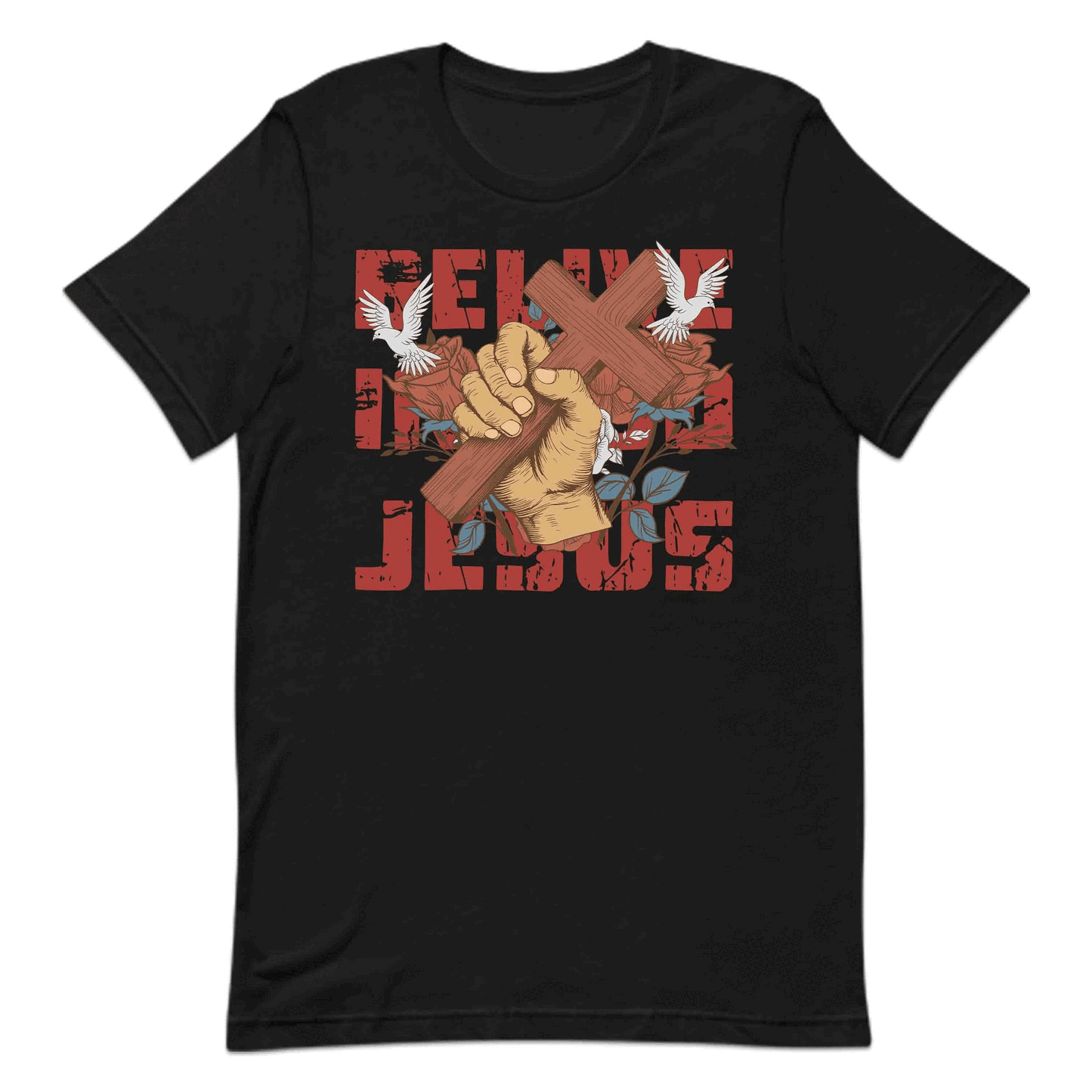 Believe in God Jesus Cross with Floral Accents and Doves Christian Faith | PRODUCT CODE: HWQENSOAMN
