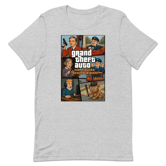 Mr. Rogers GTA Meme T-Shirt, 90s Crossover Jumper & Retro Satire Hoodie – Wholesome Chaos Pop Culture Apparel | PRODUCT CODE: MERGHQCB