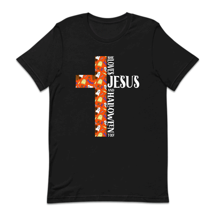 She Loves Jesus And Halloween Too Faith and Halloween | PRODUCT CODE: SHLBVJUAHW