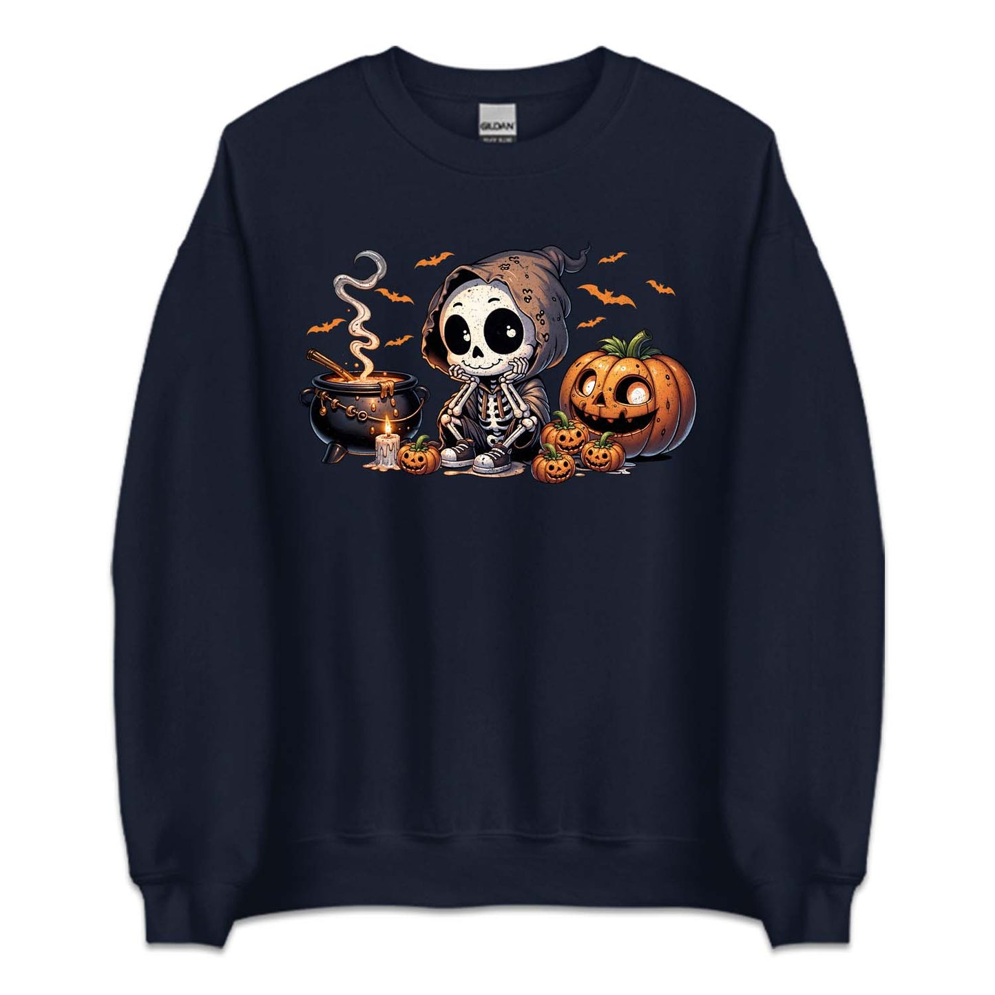 Halloween Cartoon Skeleton Cauldron & Pumpkins Spooky Flying Bats | PRODUCT CODE: HLWCRTOSKL