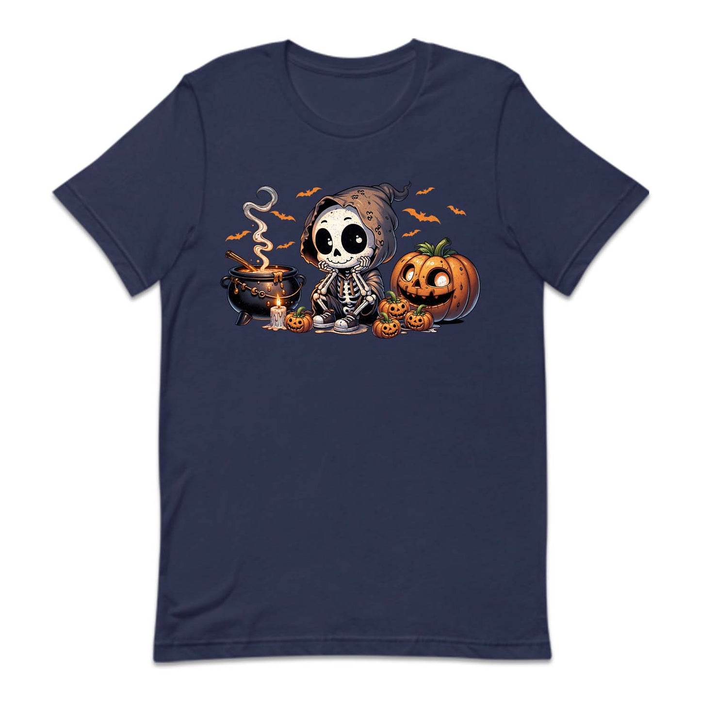 Halloween Cartoon Skeleton Cauldron & Pumpkins Spooky Flying Bats | PRODUCT CODE: HLWCRTOSKL