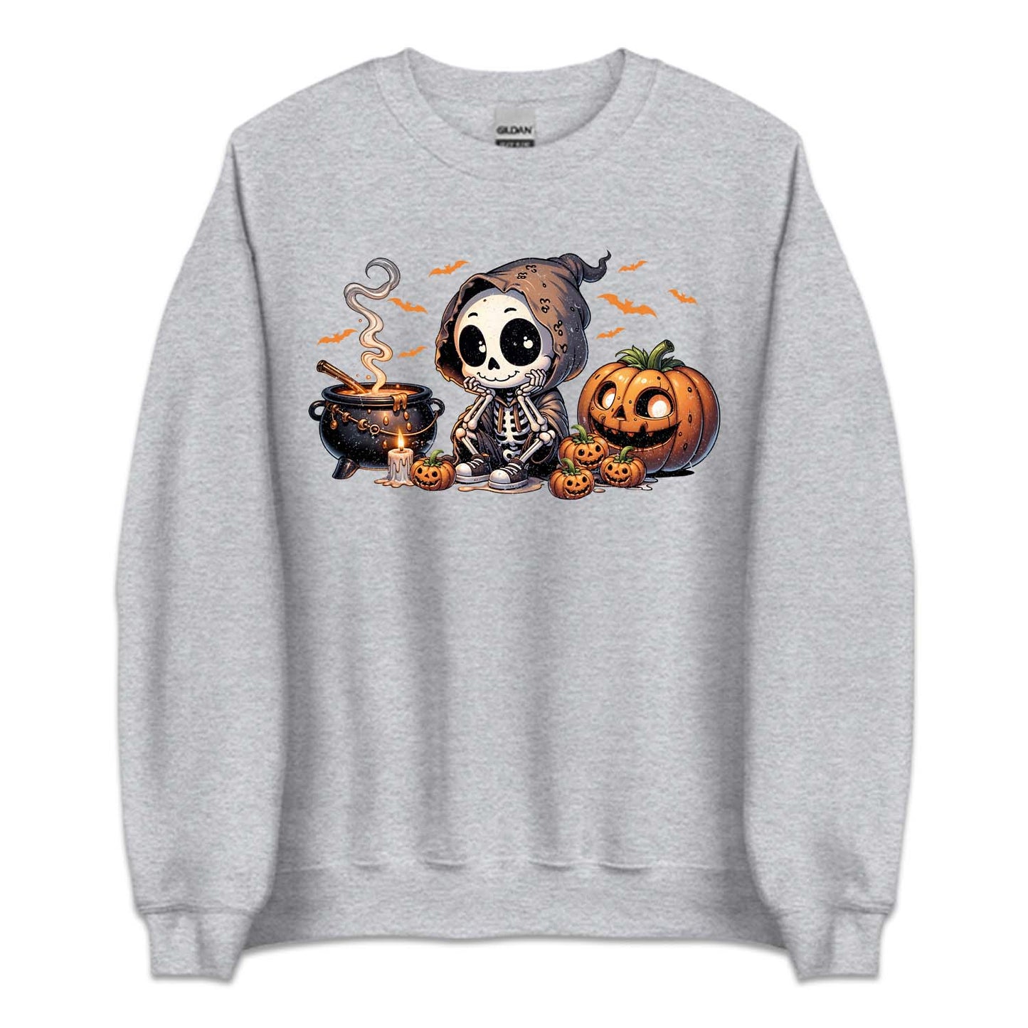 Halloween Cartoon Skeleton Cauldron & Pumpkins Spooky Flying Bats | PRODUCT CODE: HLWCRTOSKL