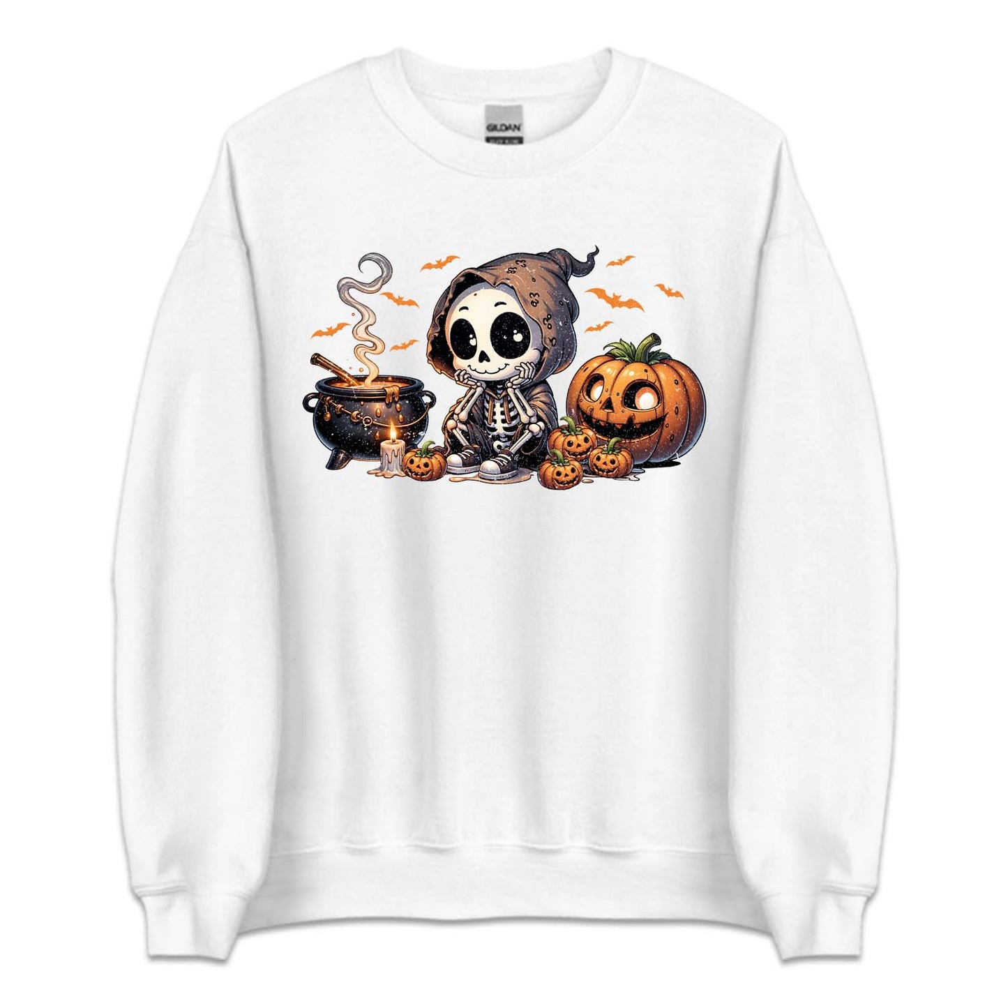 Halloween Cartoon Skeleton Cauldron & Pumpkins Spooky Flying Bats | PRODUCT CODE: HLWCRTOSKL