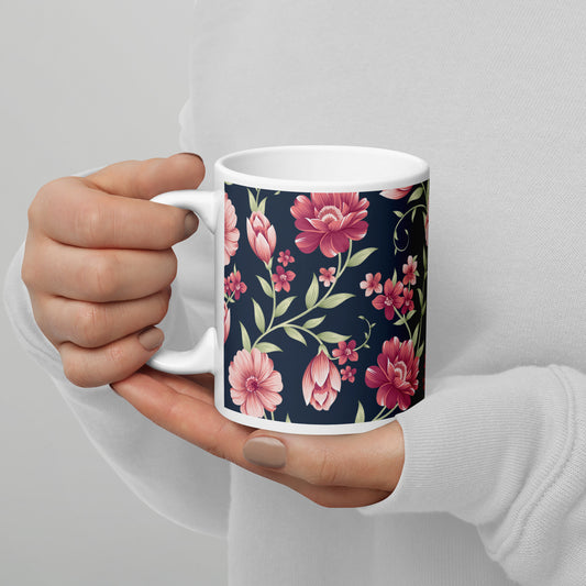 Seamless Vintage Flower Pattern White Glossy Mug
