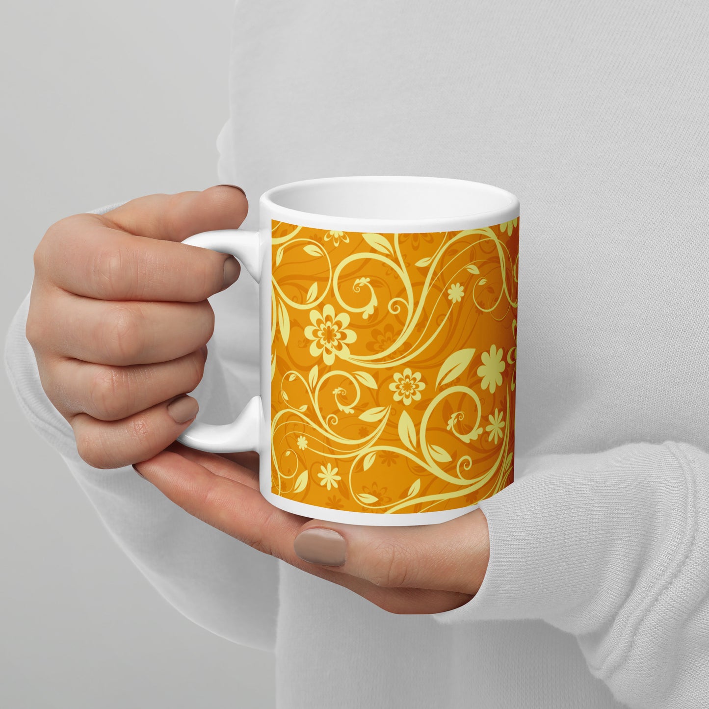 Elegant Decorative Ornamental Floral Pattern White Glossy Mug
