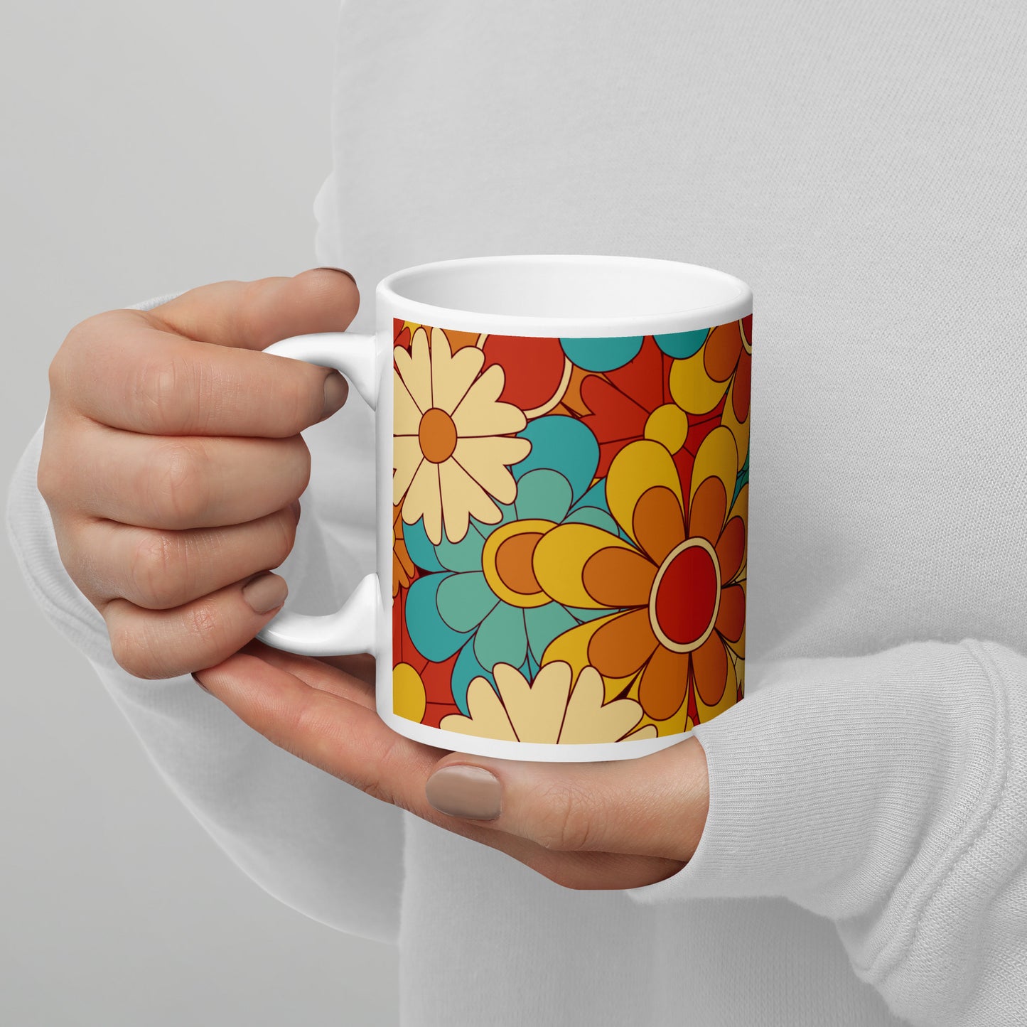 Vintage Retro Colors Groovy Floral Pattern White Glossy Mug