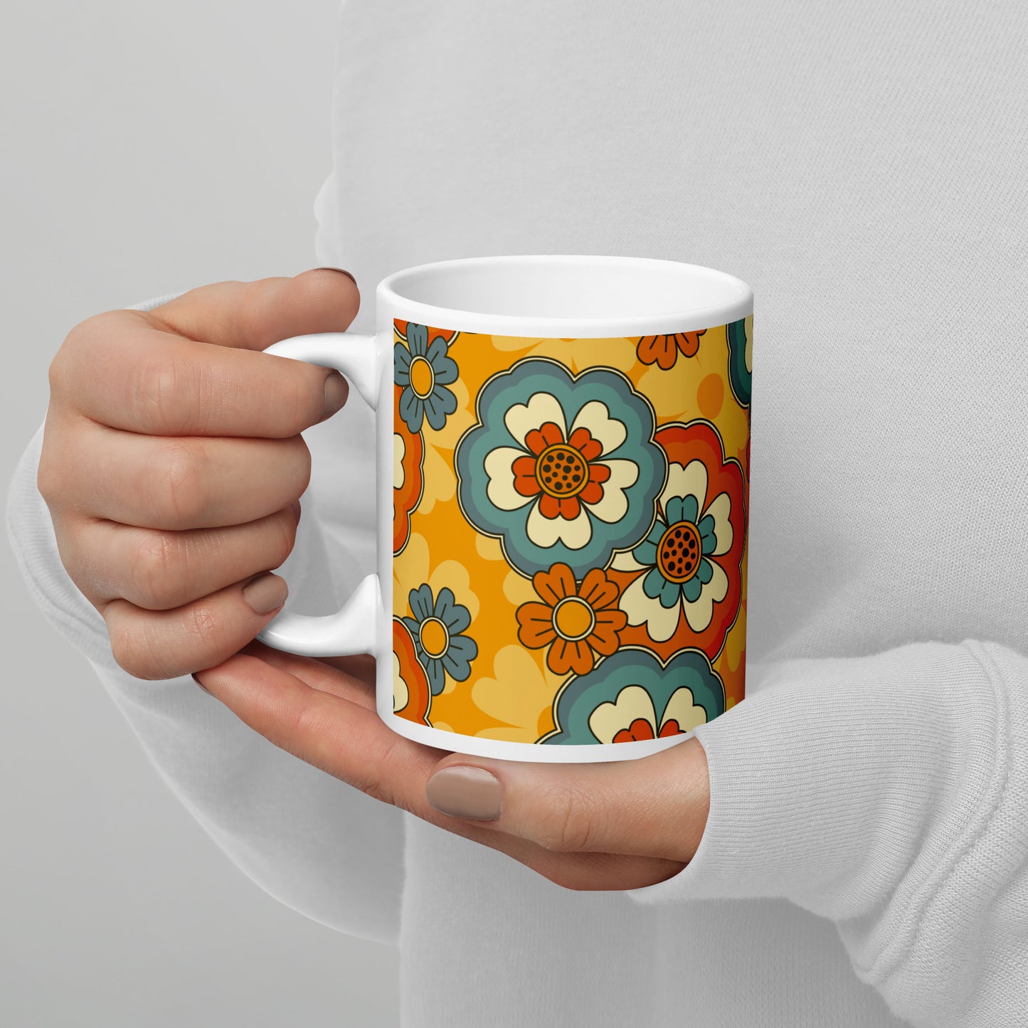 Vintage Retro Colors Groovy Flowers Pattern White Glossy Mug