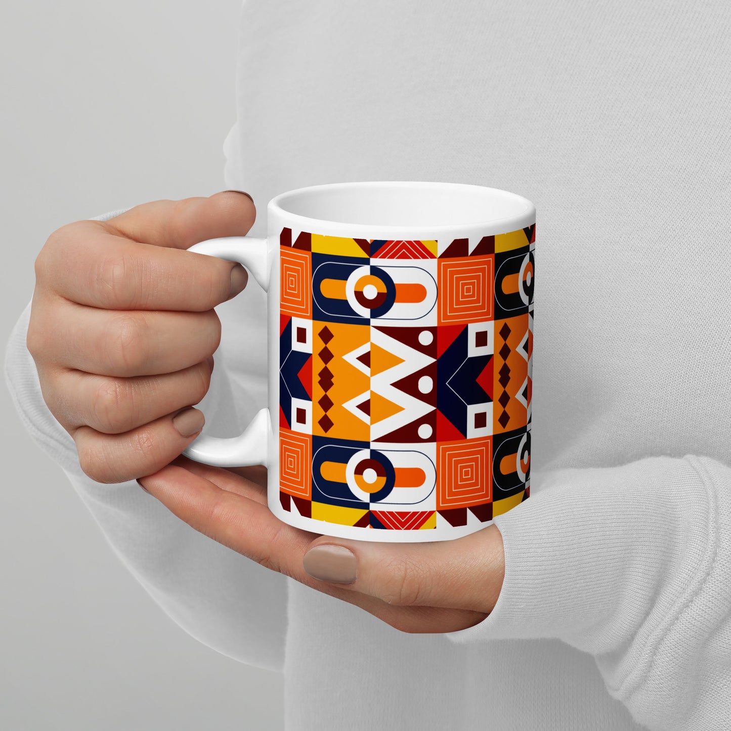 Polygonal Motif Pattern White Glossy Mug
