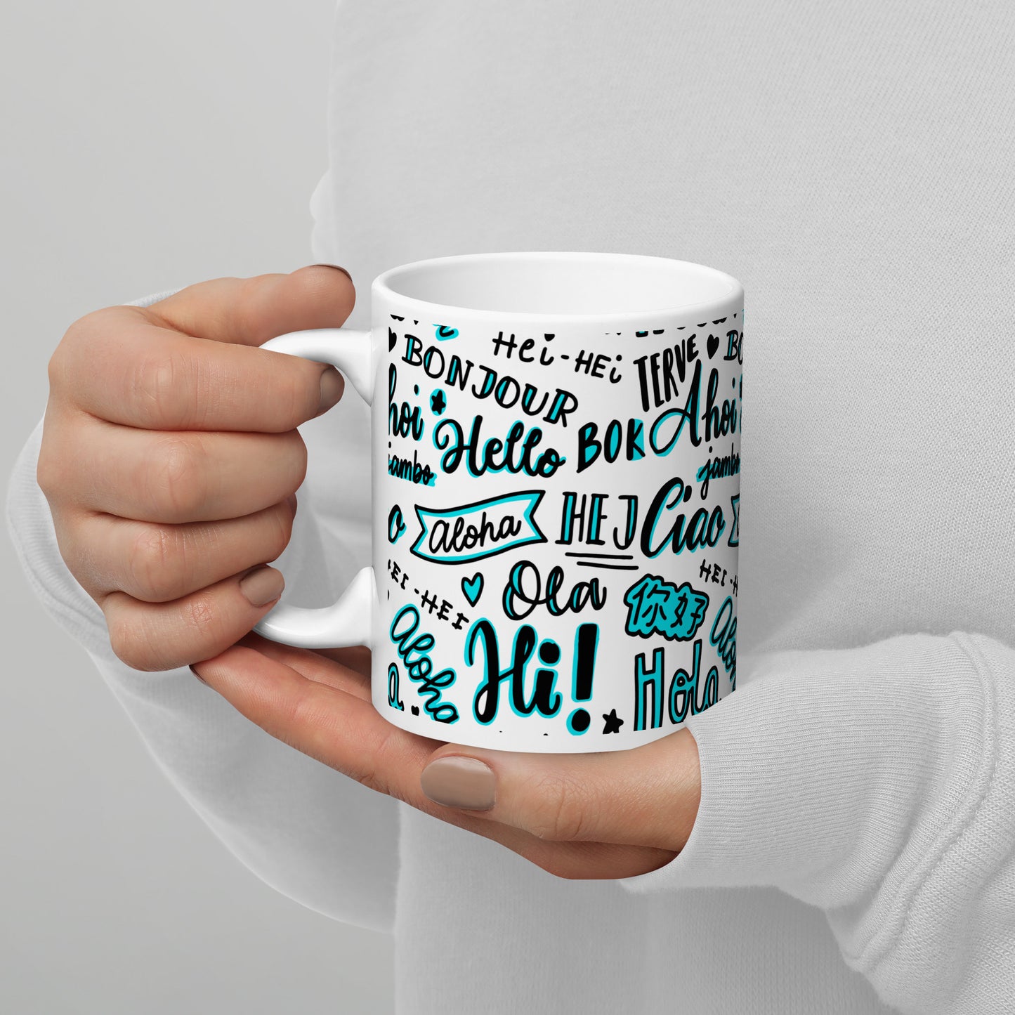 Hello Word Different Languages White Glossy Mug