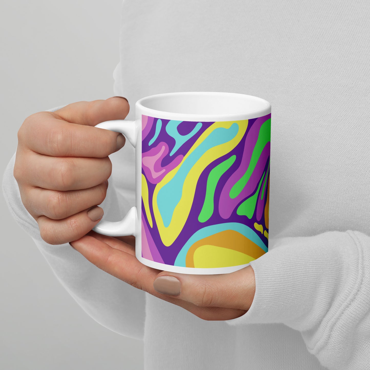 Colorful Groovy Psychedelic Wave Pattern White Glossy Mug