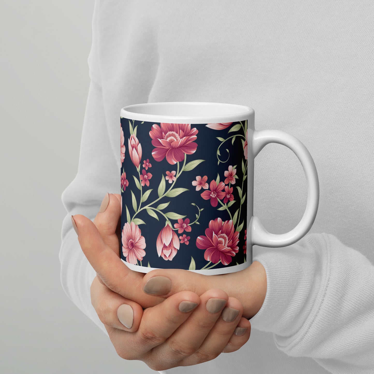Seamless Vintage Flower Pattern White Glossy Mug