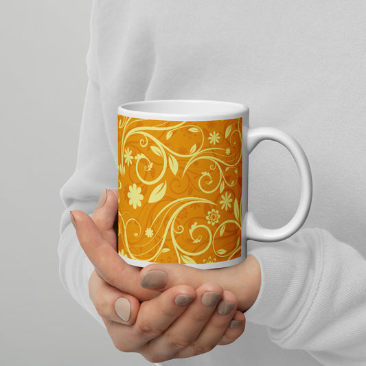 Elegant Decorative Ornamental Floral Pattern White Glossy Mug