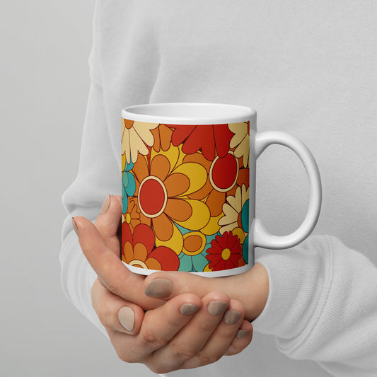 Vintage Retro Colors Groovy Floral Pattern White Glossy Mug