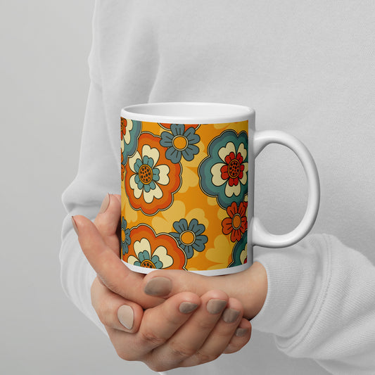 Vintage Retro Colors Groovy Flowers Pattern White Glossy Mug