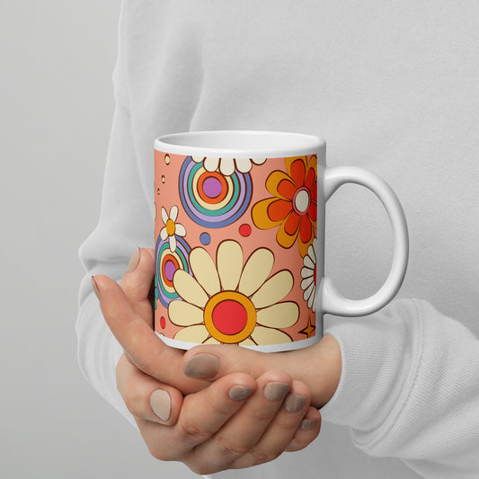 Vintage Retro Colors Groovy Psychedelic Flowers Pattern White Glossy Mug