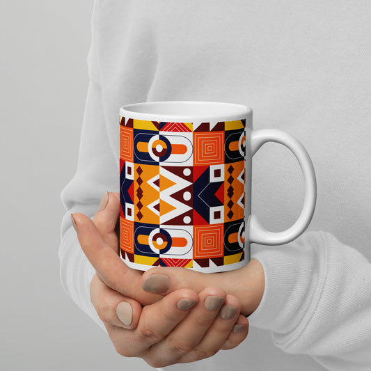 Polygonal Motif Pattern White Glossy Mug