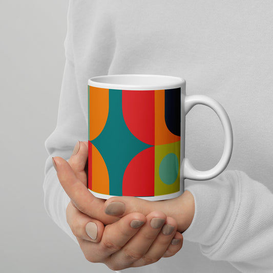 Abstract Retro Style Shapes Pattern White Glossy Mug