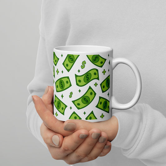 Dollar Currency Banknotes Pattern White Glossy Mug