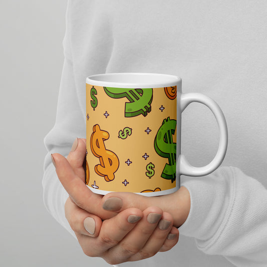 Dollar Currency Sign Pattern White Glossy Mug