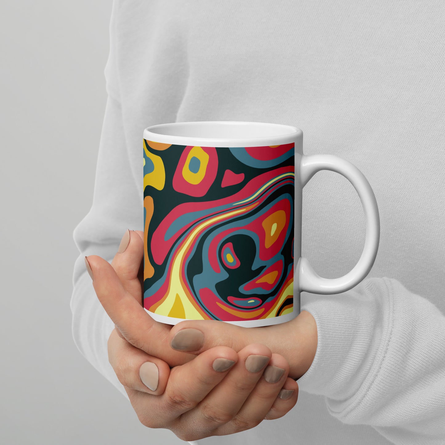 Colorful Groovy Psychedelic Pattern White Glossy Mug