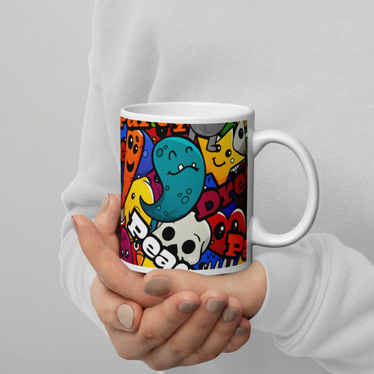 Funny Colorful Graffiti Characters White Glossy Mug