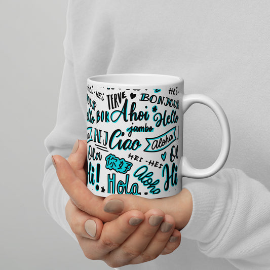 Hello Word Different Languages White Glossy Mug