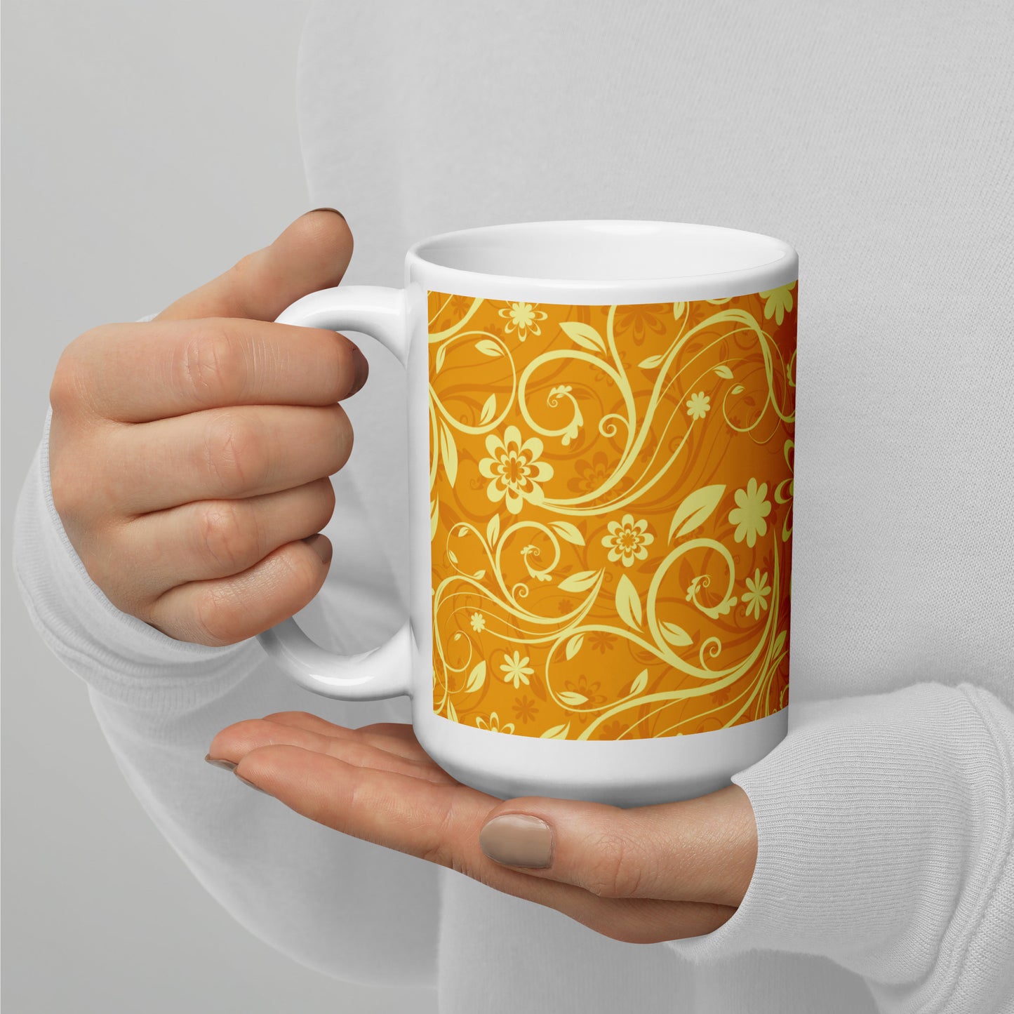 Elegant Decorative Ornamental Floral Pattern White Glossy Mug