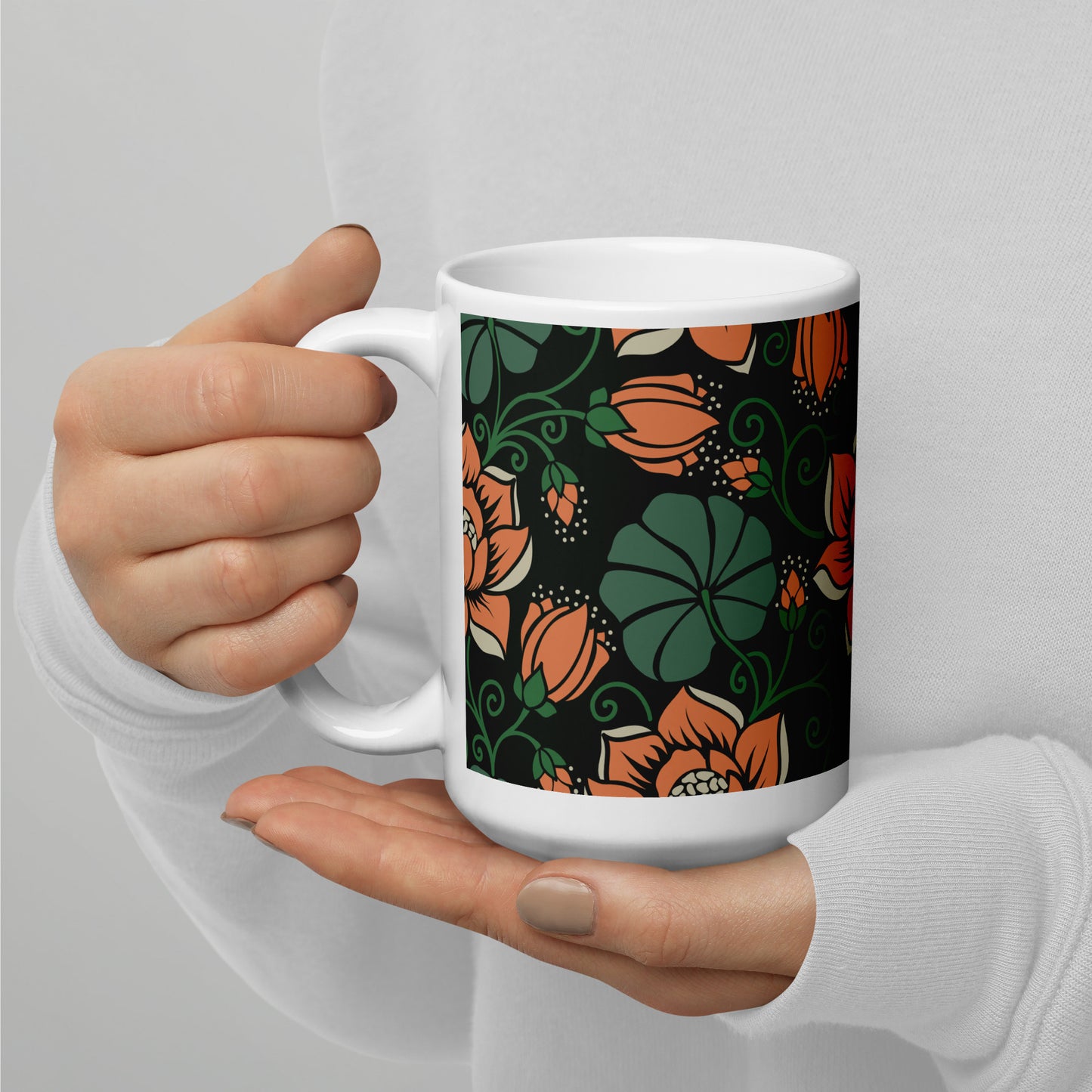 Elegant Flower Seamless Pattern White Glossy Mug