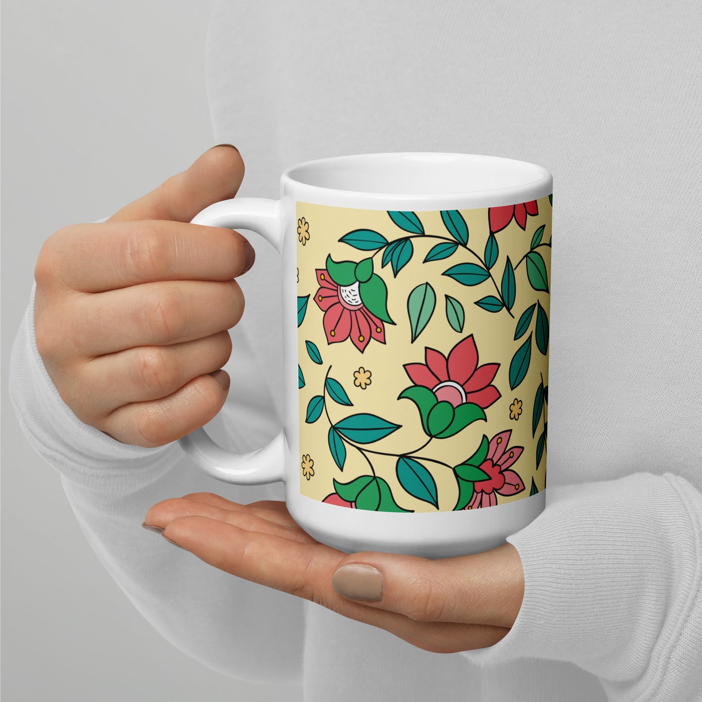 Elegant Flower And Leaves Decorative Pattern White Glossy Mug
