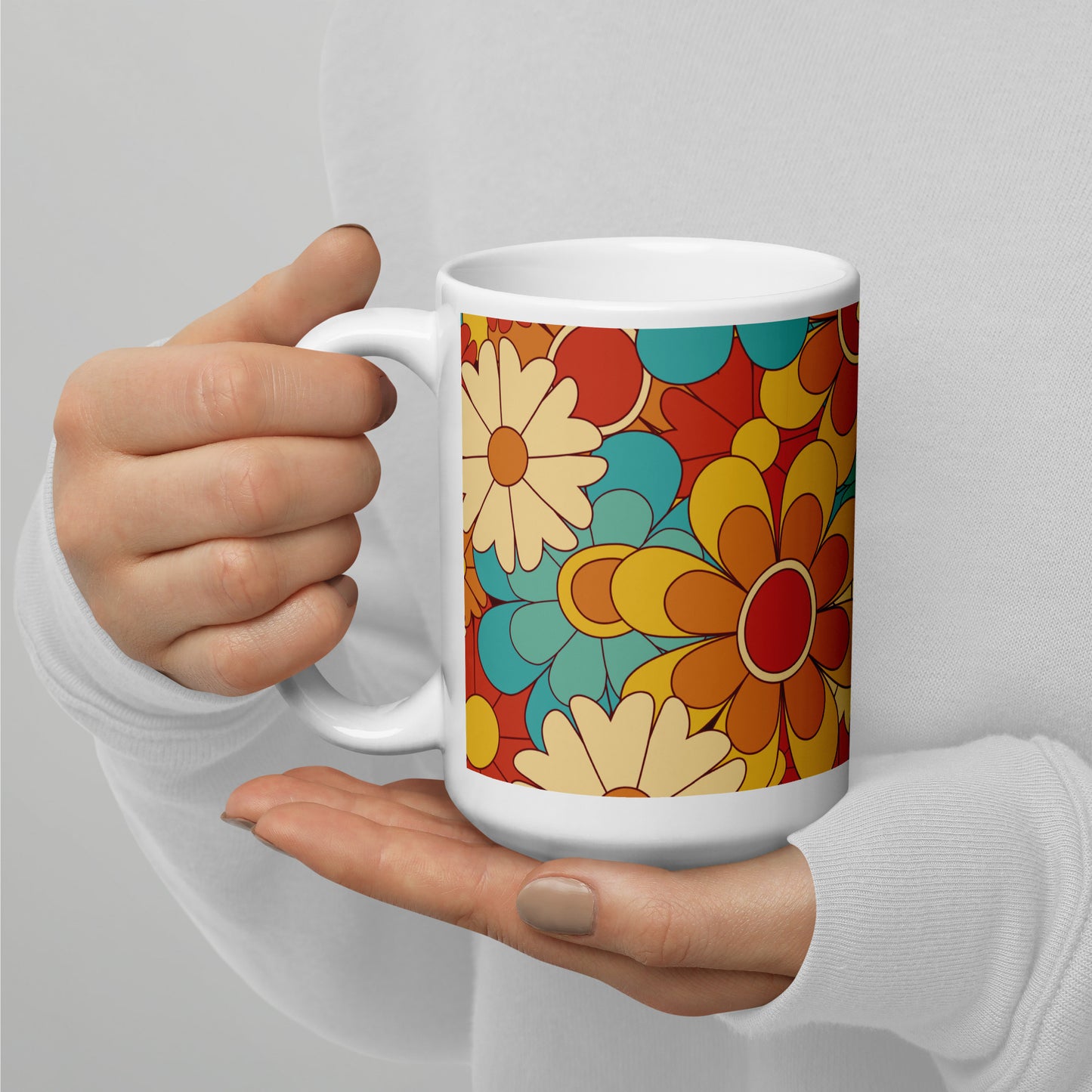 Vintage Retro Colors Groovy Floral Pattern White Glossy Mug