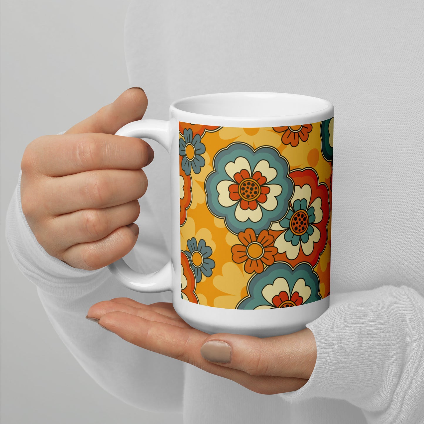 Vintage Retro Colors Groovy Flowers Pattern White Glossy Mug