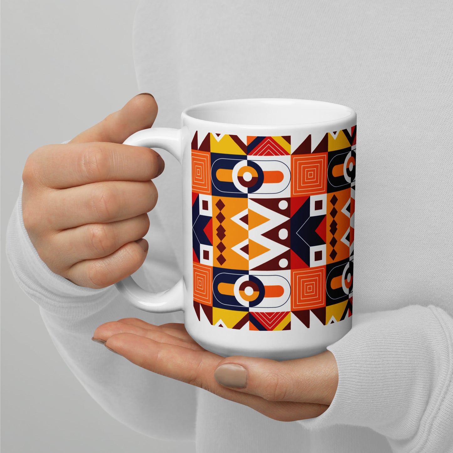 Polygonal Motif Pattern White Glossy Mug
