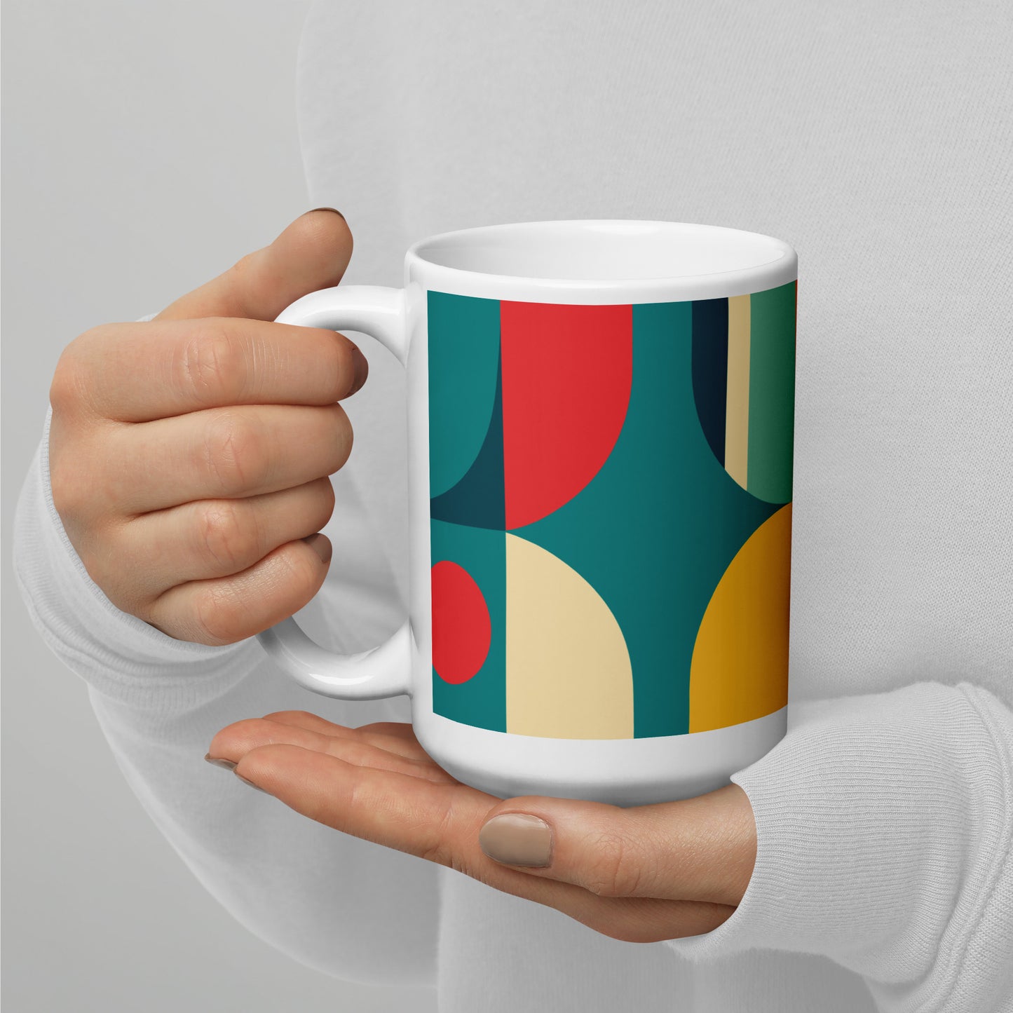 Abstract Retro Style Shapes Pattern White Glossy Mug