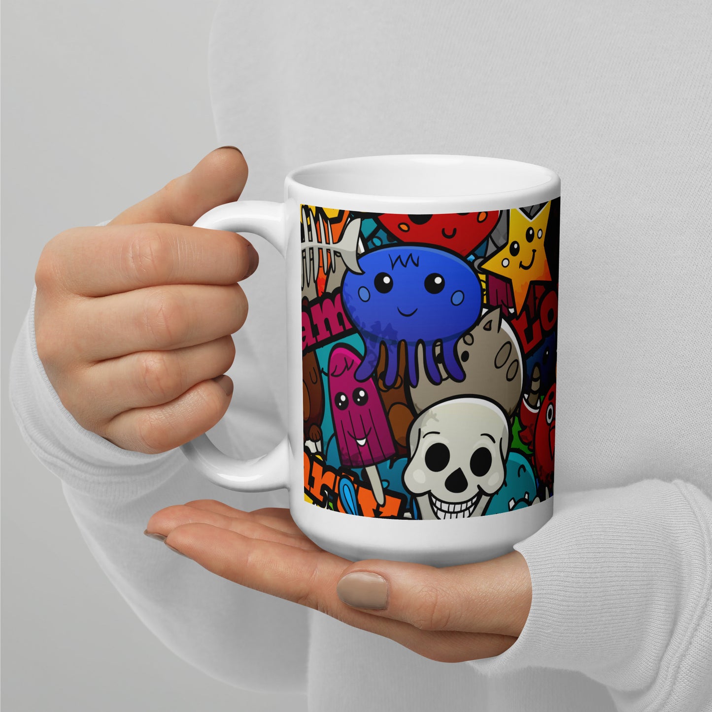 Funny Colorful Graffiti Characters White Glossy Mug