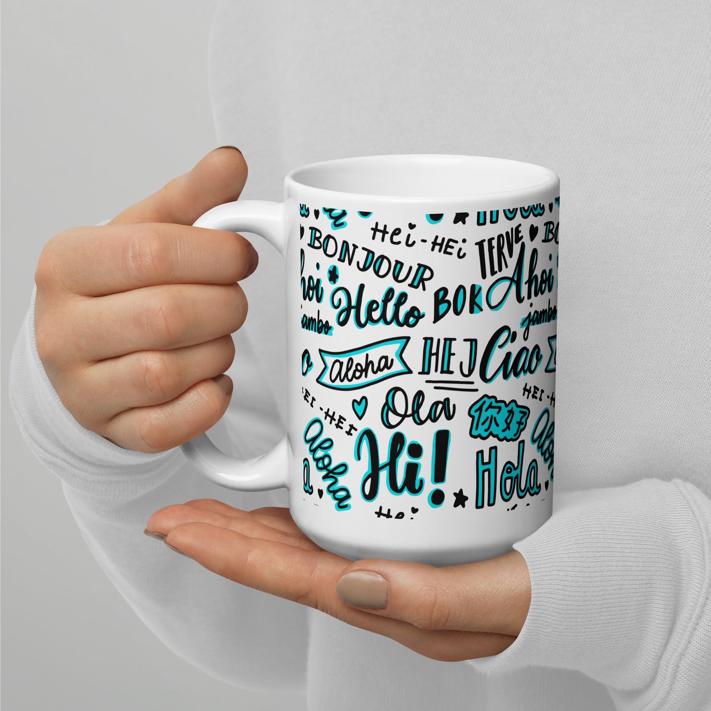 Hello Word Different Languages White Glossy Mug