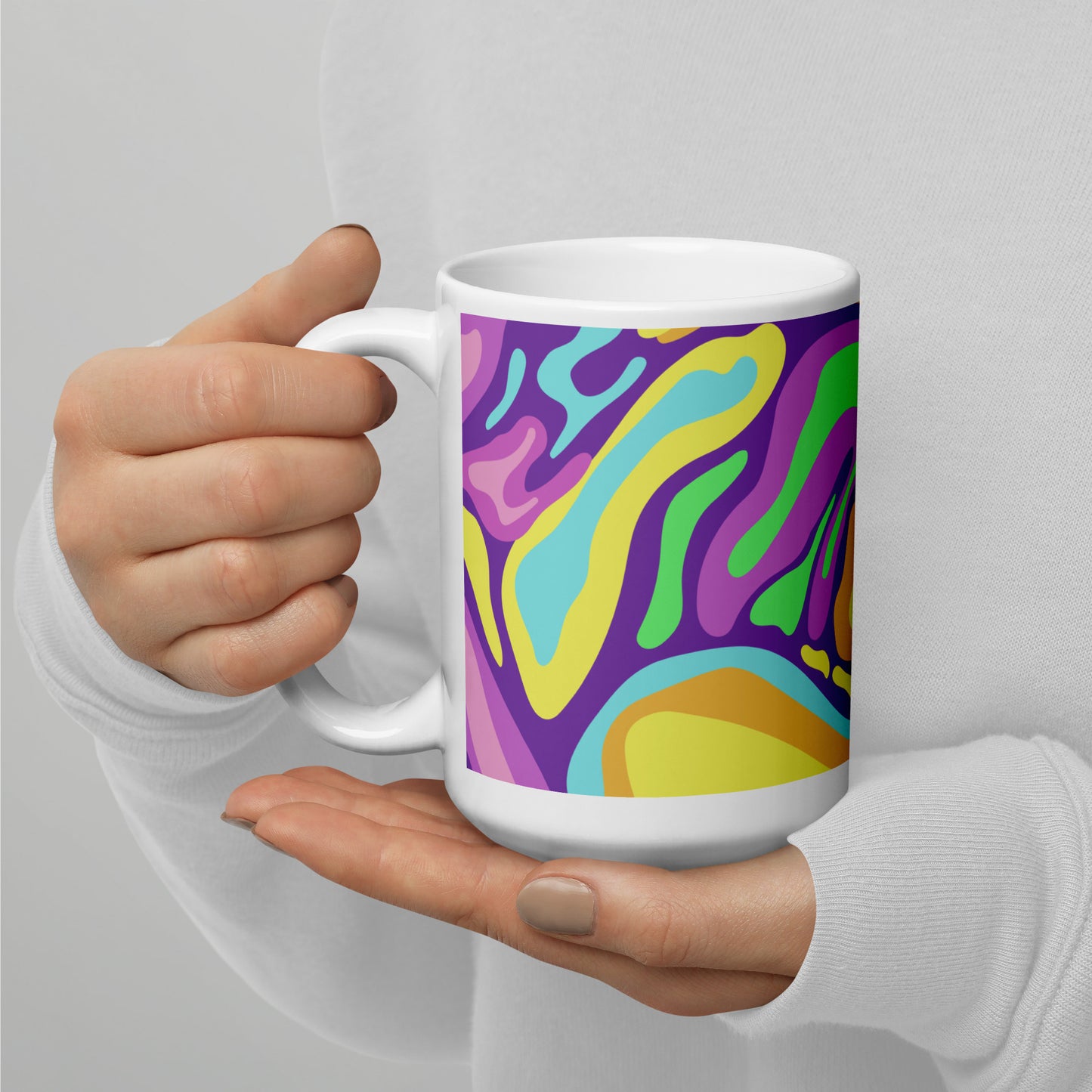 Colorful Groovy Psychedelic Wave Pattern White Glossy Mug