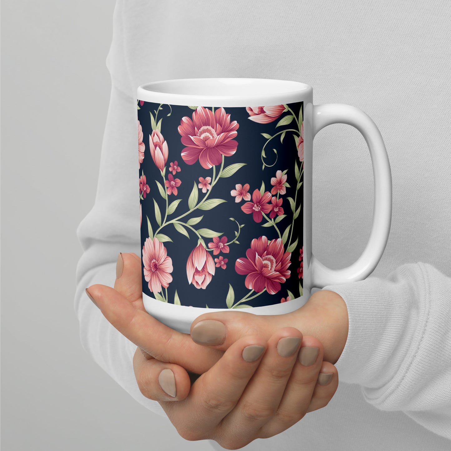 Seamless Vintage Flower Pattern White Glossy Mug
