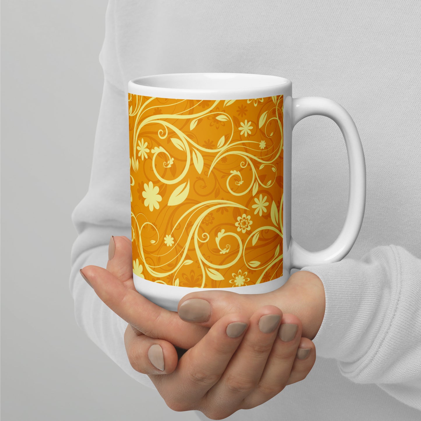 Elegant Decorative Ornamental Floral Pattern White Glossy Mug