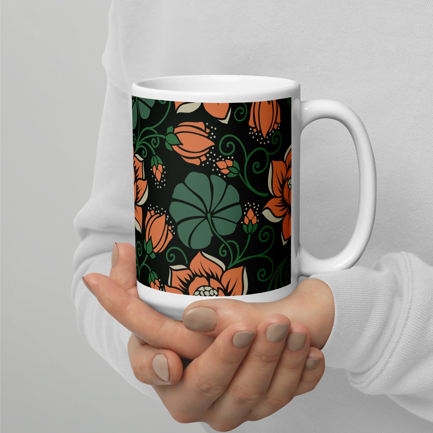 Elegant Flower Seamless Pattern White Glossy Mug