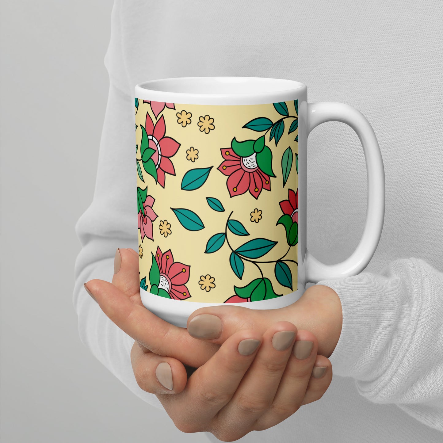Elegant Flower And Leaves Decorative Pattern White Glossy Mug