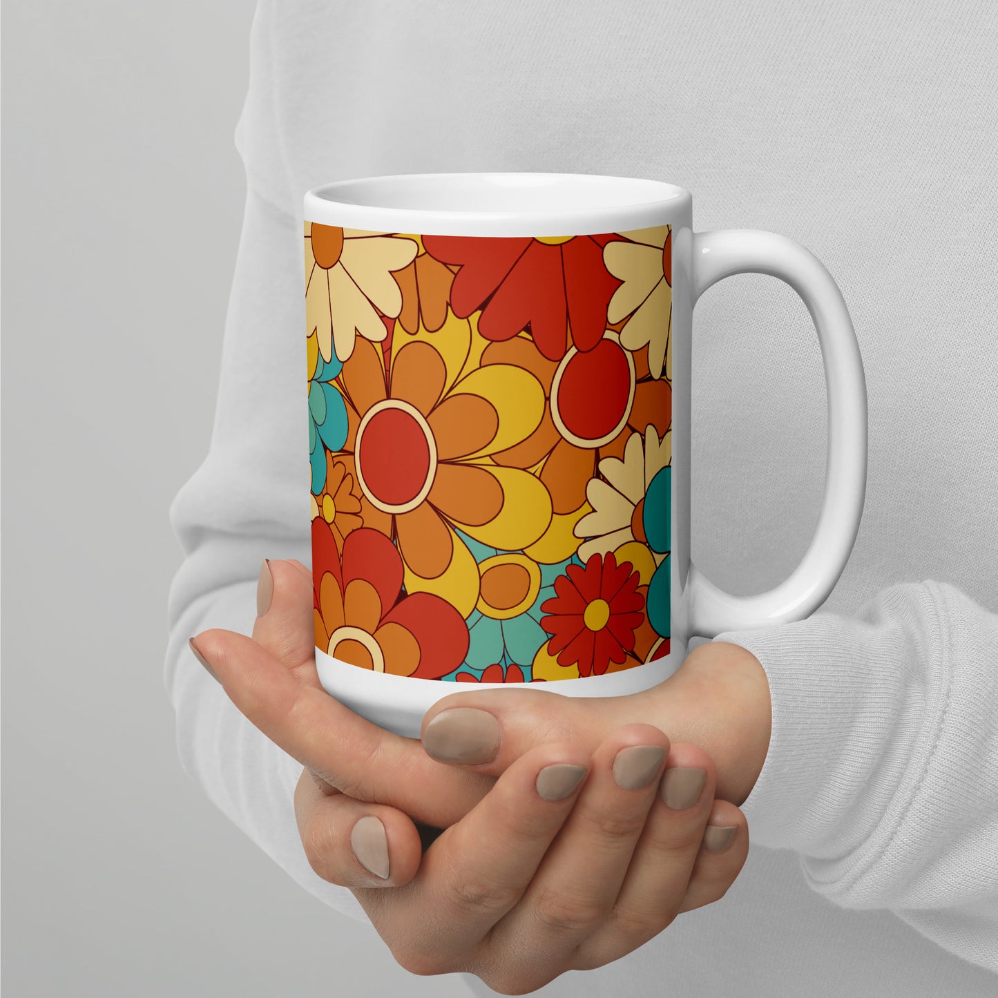 Vintage Retro Colors Groovy Floral Pattern White Glossy Mug