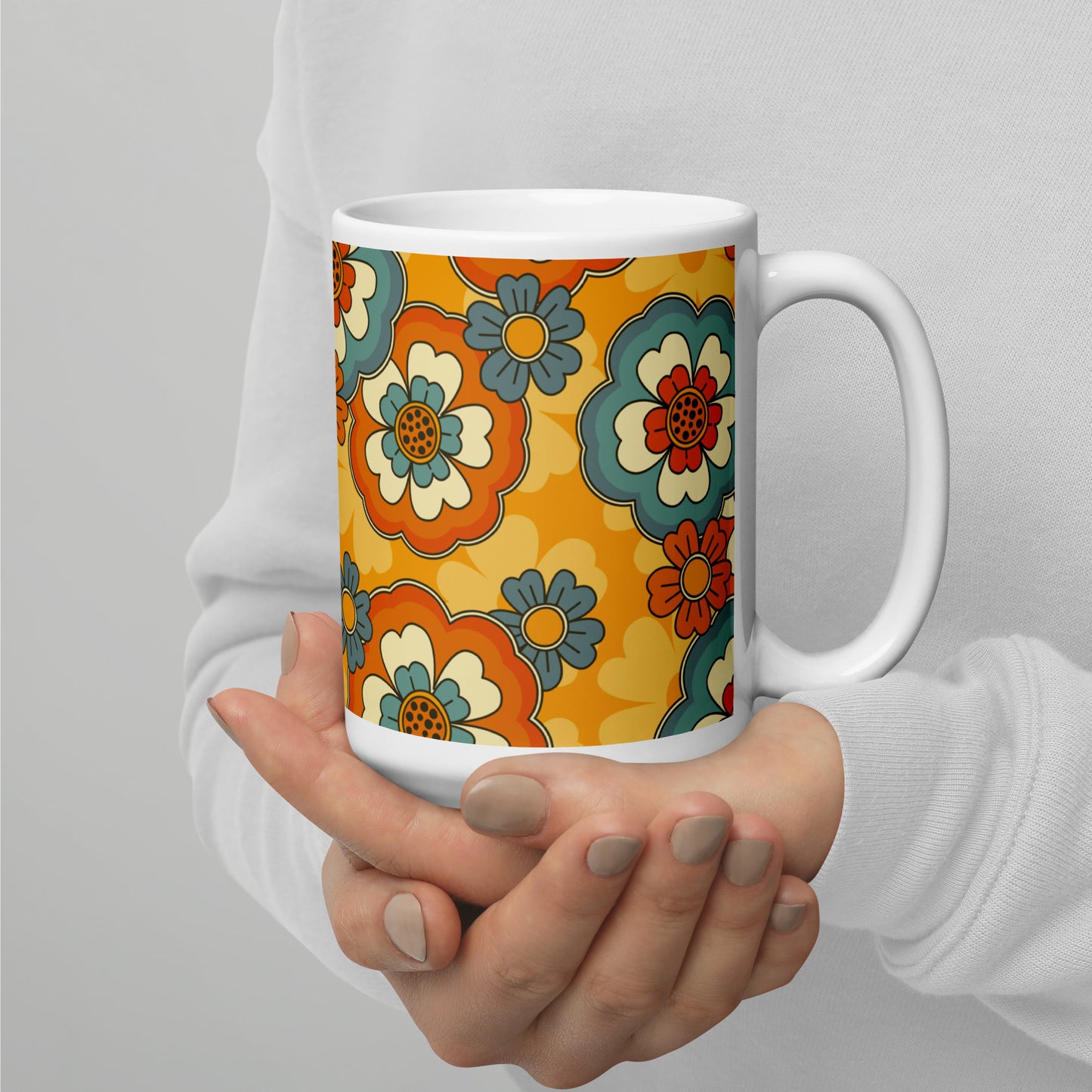 Vintage Retro Colors Groovy Flowers Pattern White Glossy Mug