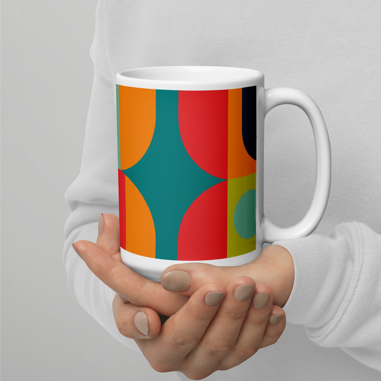 Abstract Retro Style Shapes Pattern White Glossy Mug