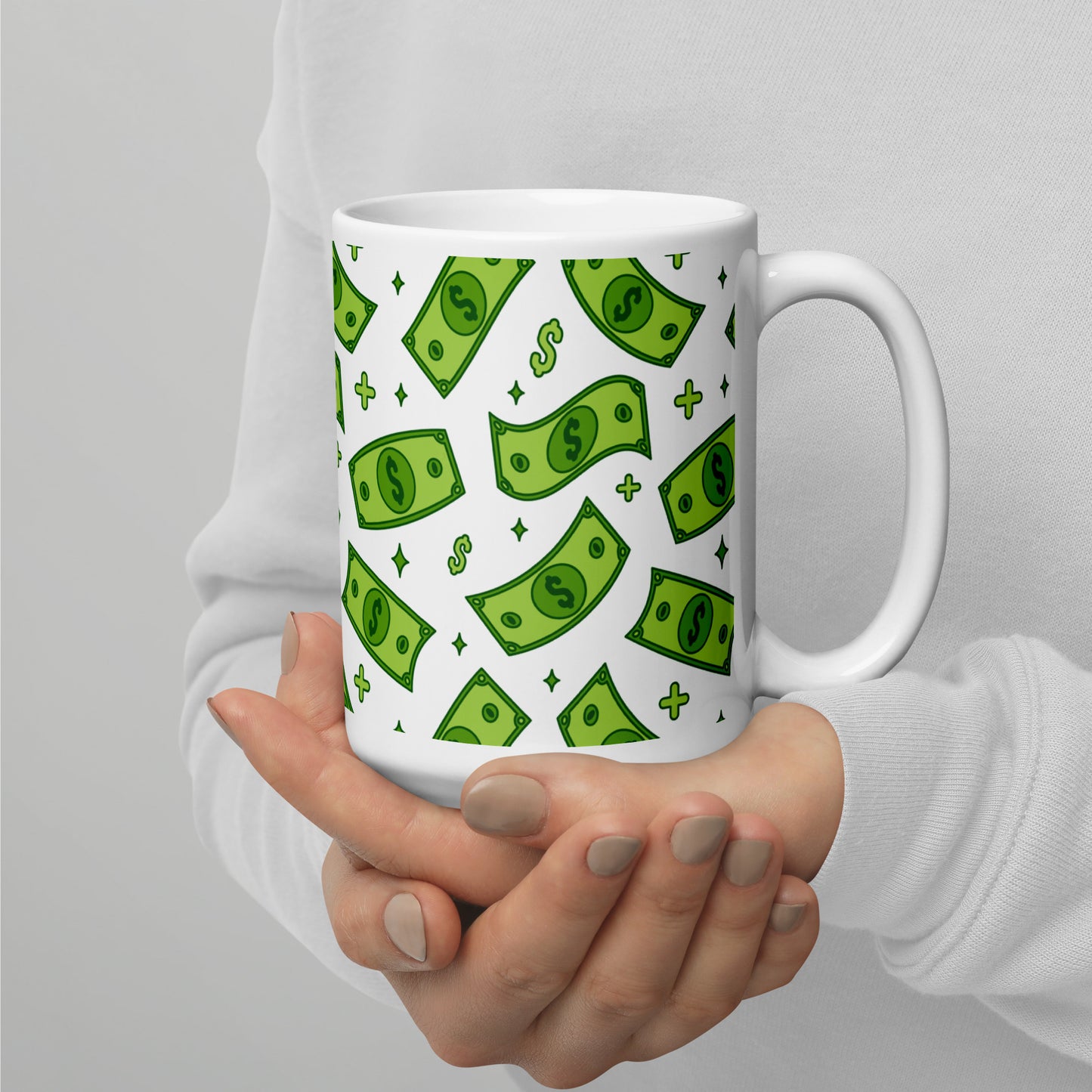 Dollar Currency Banknotes Pattern White Glossy Mug