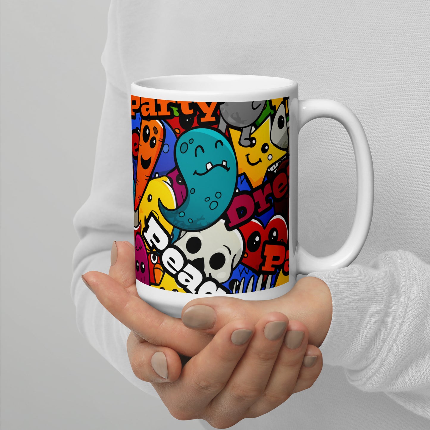 Funny Colorful Graffiti Characters White Glossy Mug