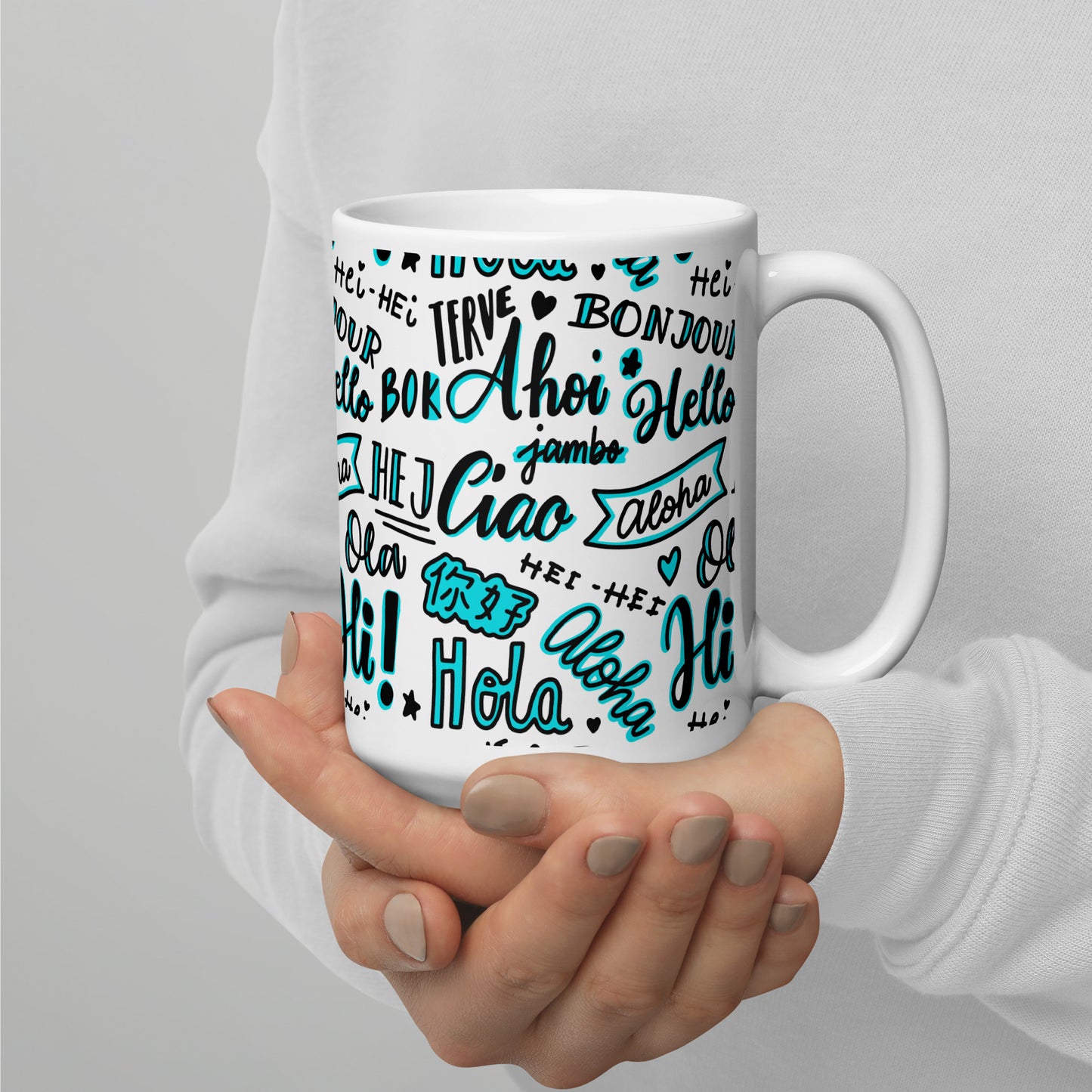 Hello Word Different Languages White Glossy Mug