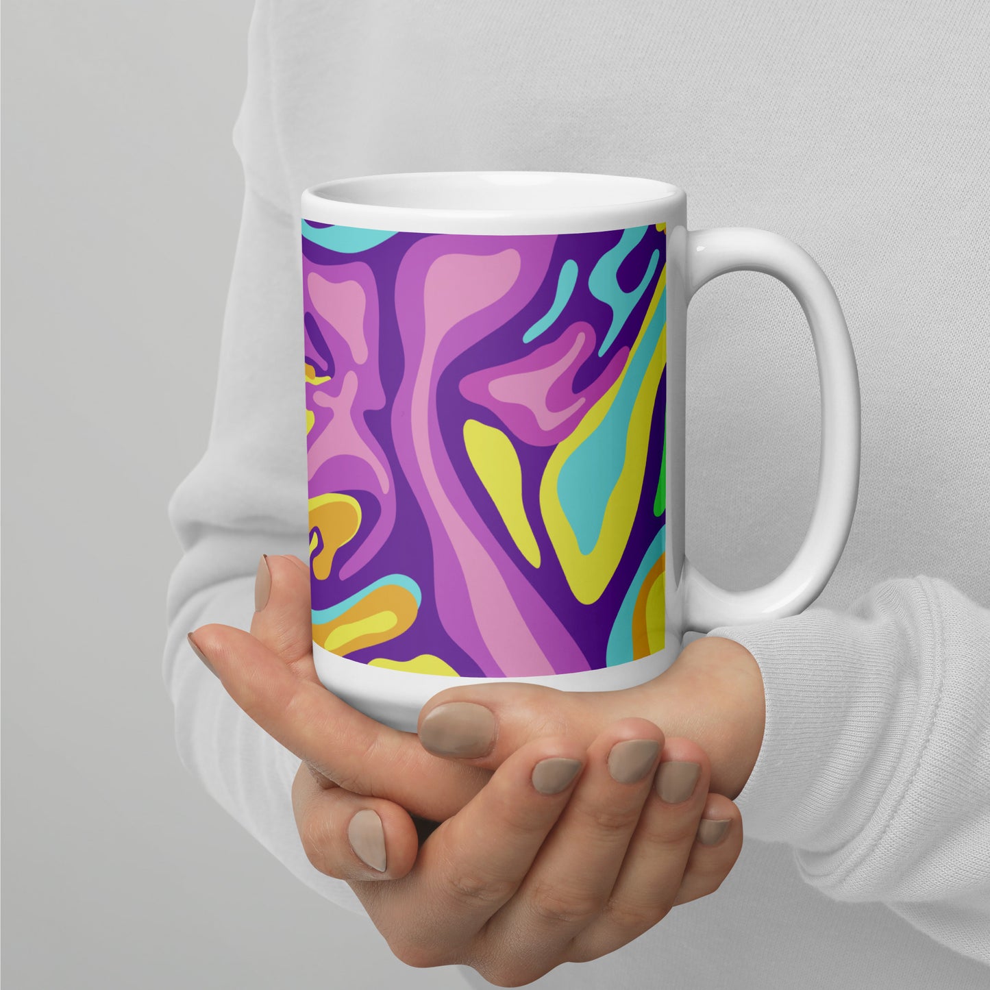 Colorful Groovy Psychedelic Wave Pattern White Glossy Mug