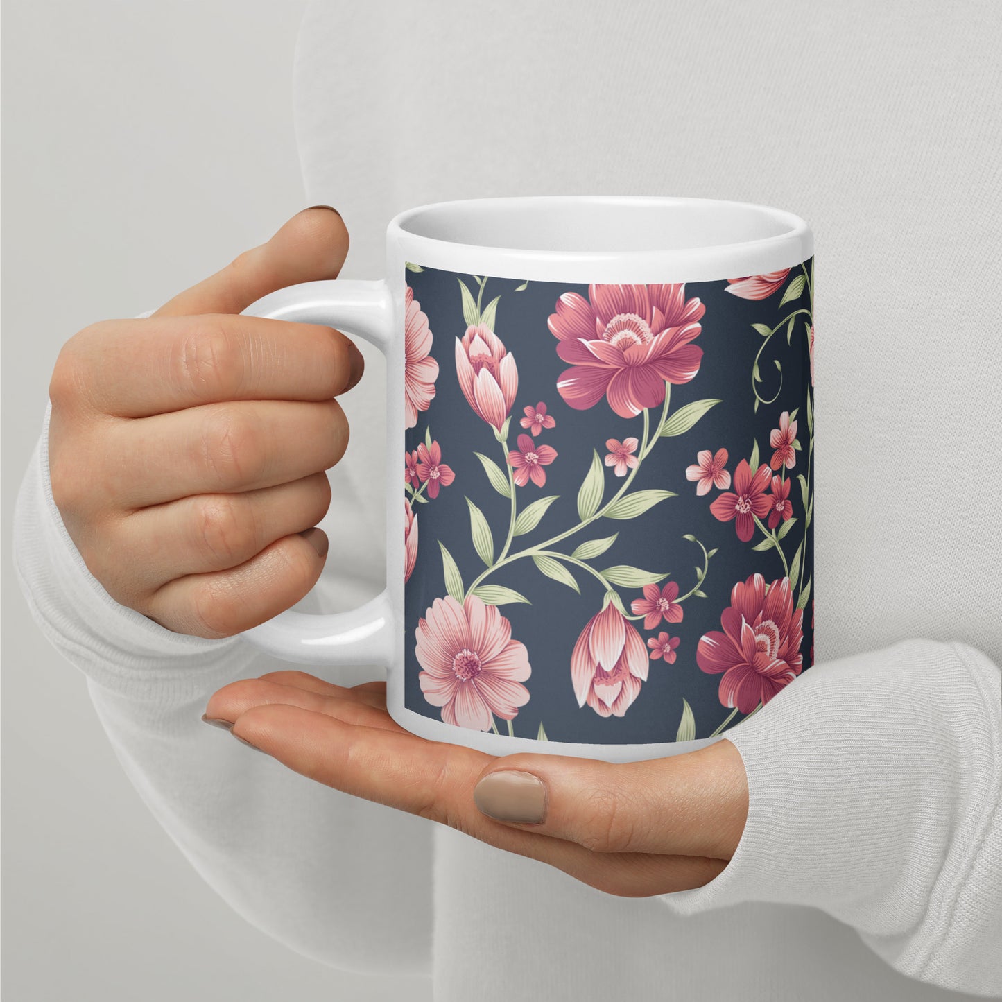 Seamless Vintage Flower Pattern White Glossy Mug